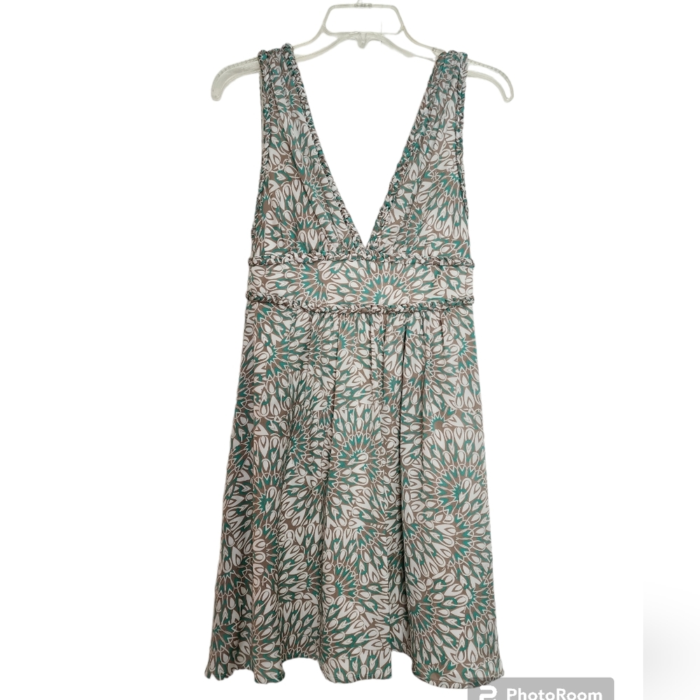 BCBGeneration Sleeveless V-Neck Lined Cream Tan Print Dress Back Zip SZ 4